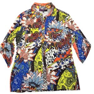 VITG Womens Medium Multicolor Floral Funky 70s Bold Button Down Top Abstract Art